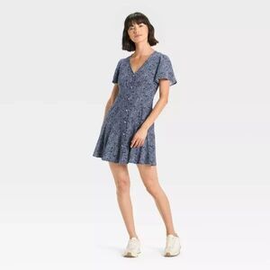Universal Thread S Navy Blue Paisley Mini A-Line Dress Linen Blend Pockets NWT